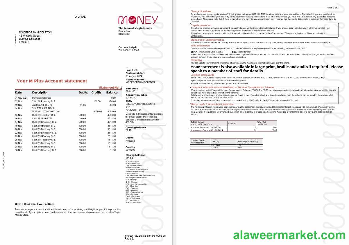 United Kingdom Virgin Money statement, 3 pages